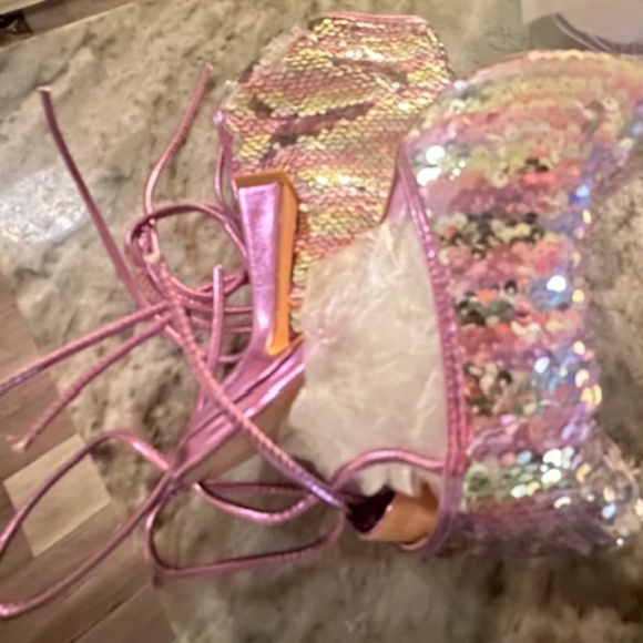 SEXY Pink & Sliver Sequin High Stiletto Boots w/Open Laced Back - Brand New 8.5M - Picture 7 of 16